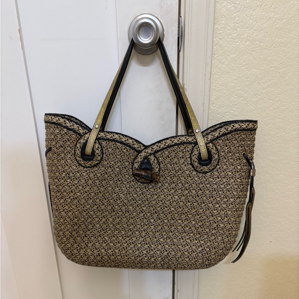 Eric Javits Beige and Black Woven Tote